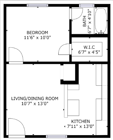 1 bed 1 bath floor plan Q at The Eastern Apartments, Texas